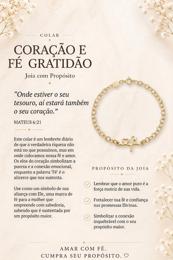 Pulseira infantil elo coração vazado com escrito fé