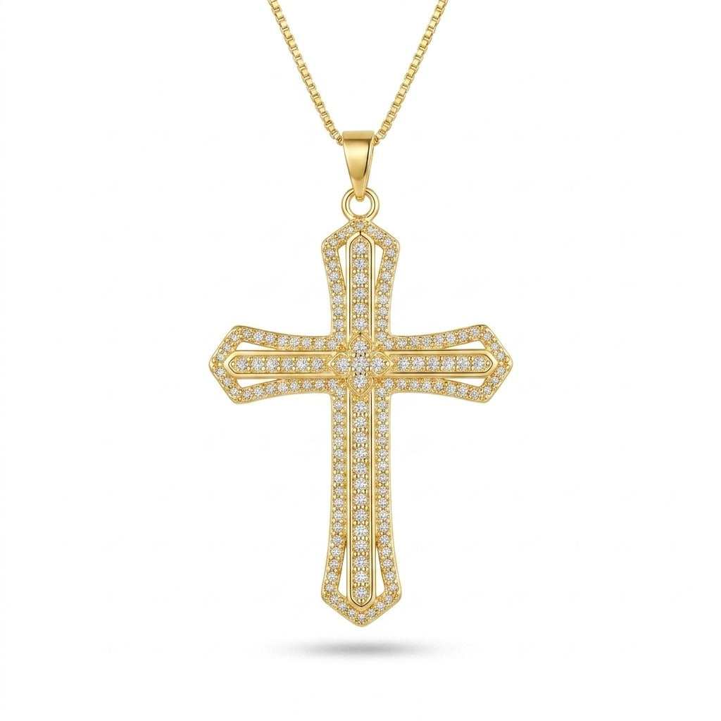 Colar veneziana com pingente cruz cravejado
