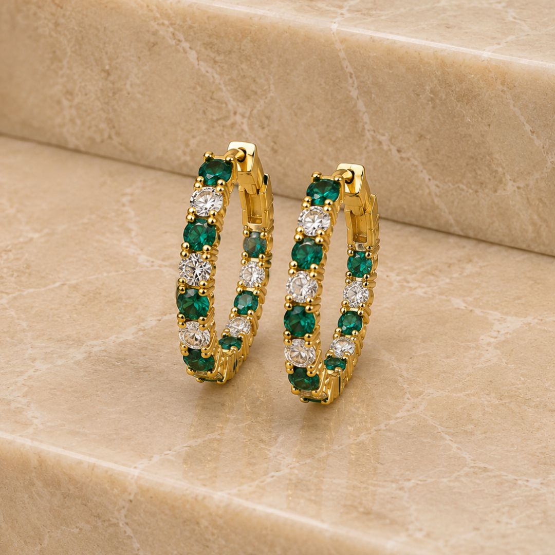 Brinco argola luxo click carvejada verde e cristal